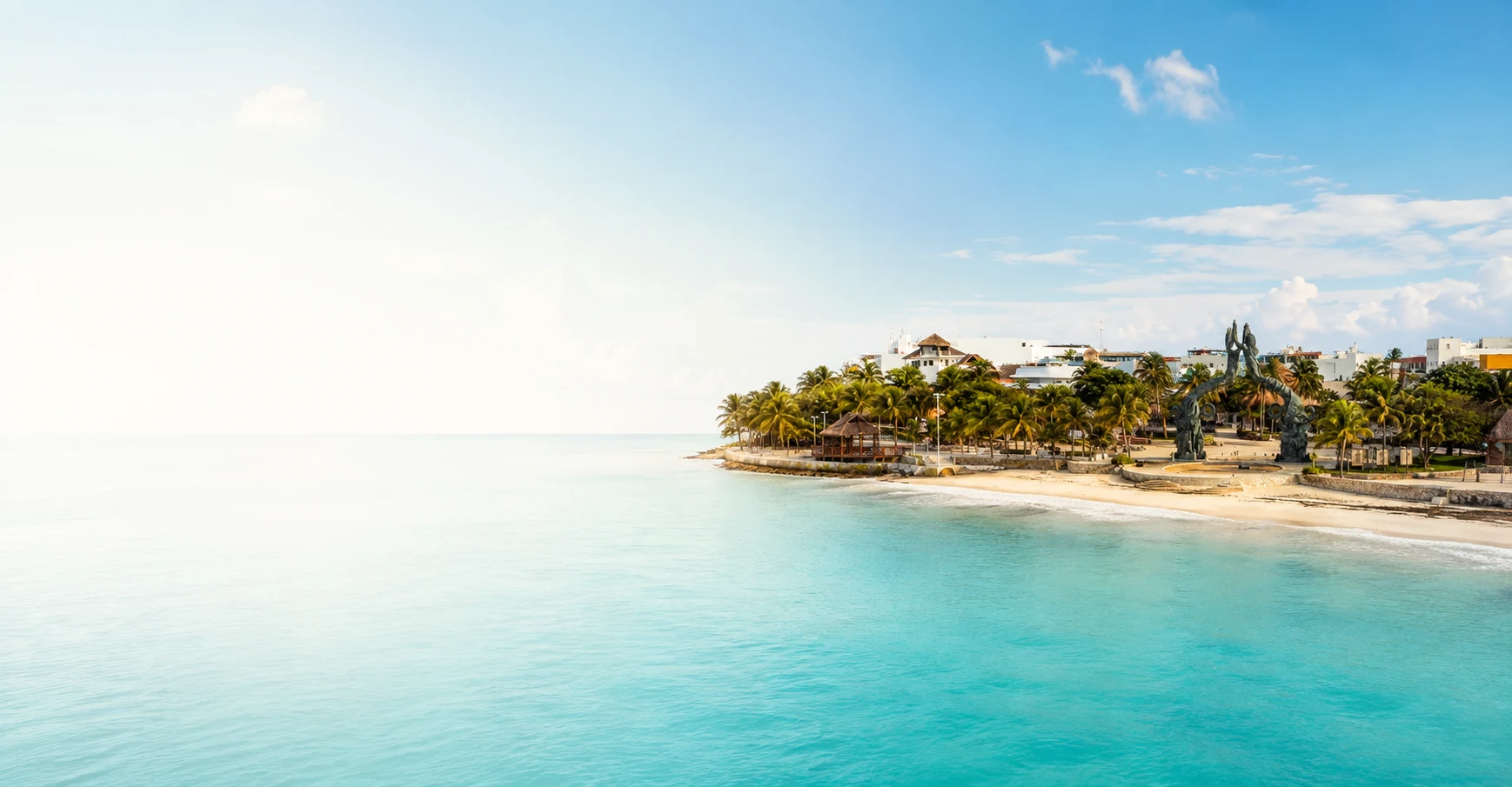 Panoramic Caribbean waterfront and Portal Maya in Playa del Carmen